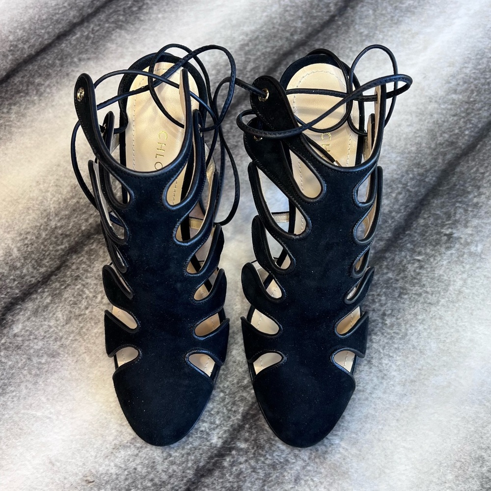 Chloe Gosselin Calico Calf Black Suede Leather Lace Up Closed Toe Heels